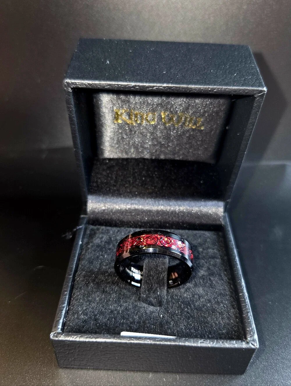 King Will Black Tungsten Carbide Ring Red Crushed Opal Inlay Size 10.5